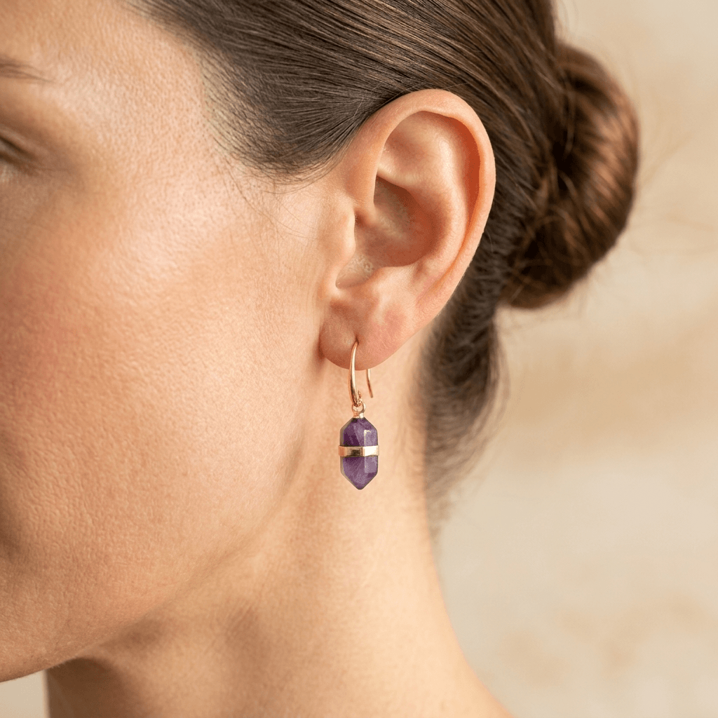 Natural Amethyst Gold Hexagonal Drop Earrings