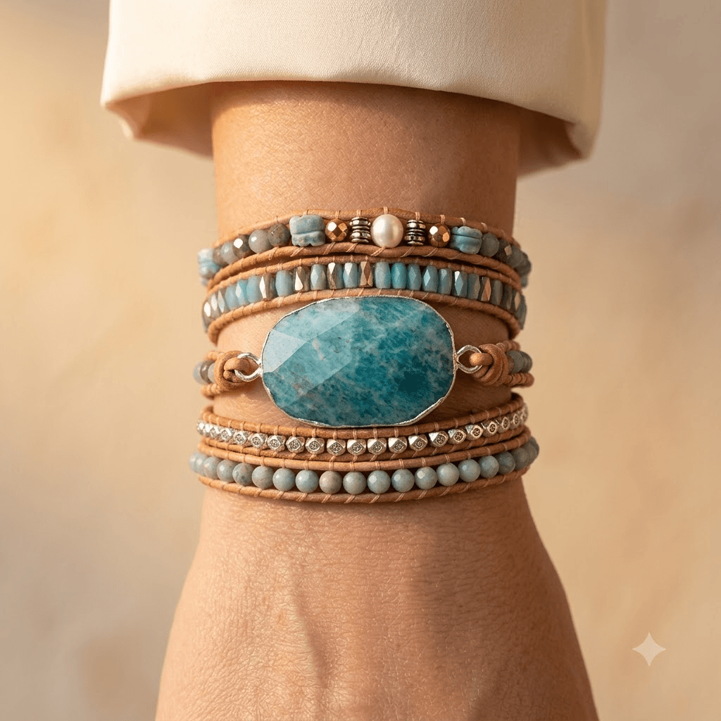 Natural Amazonite Leather Wrap Bracelet