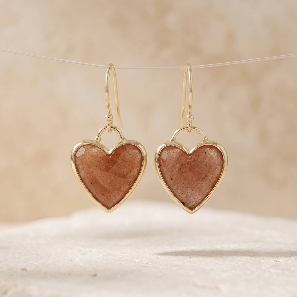 Strawberry Quartz Gold Heart Drop Earrings
