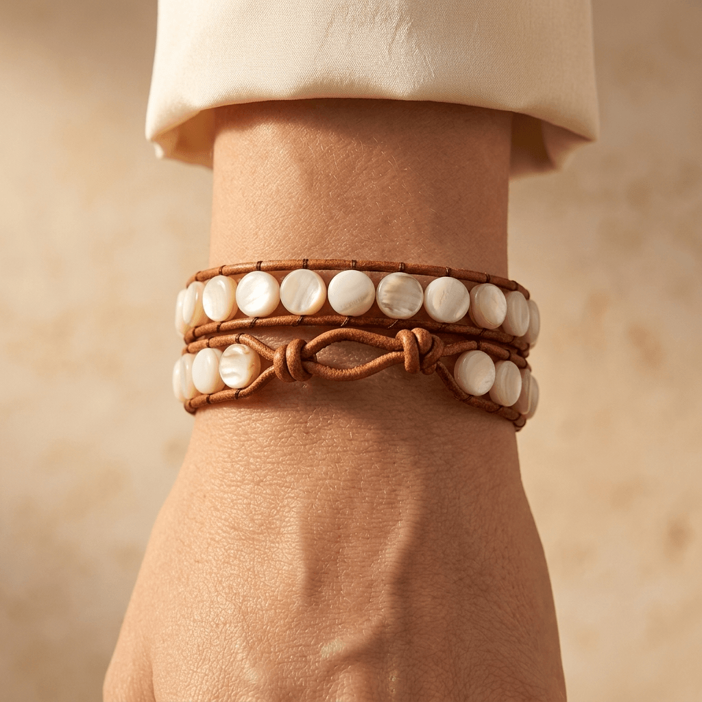 Natural White Shell Beads Brown Leather Wrap Bracelet