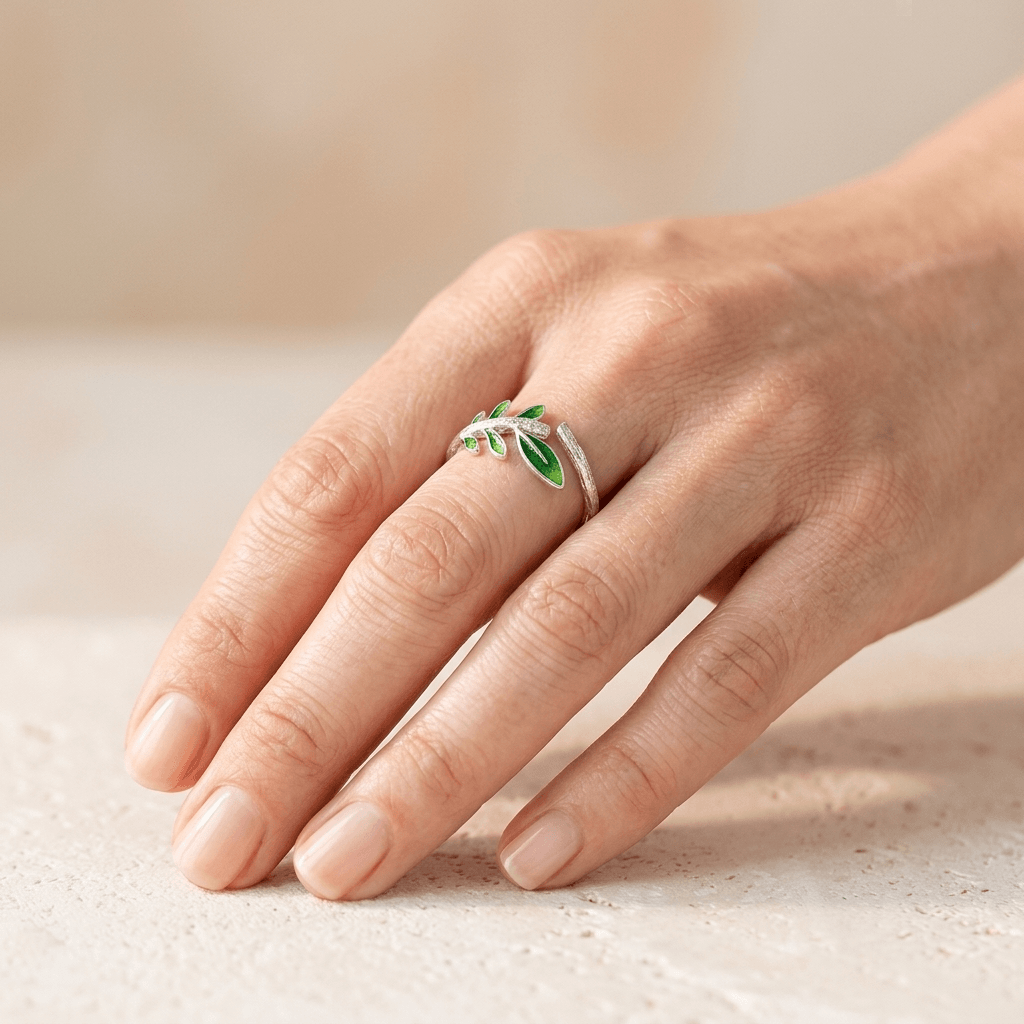 Green Leaf Silver Branch Ring Adjustable
