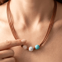 Boho Leather Rose Quartz Turquoise Bead Necklace