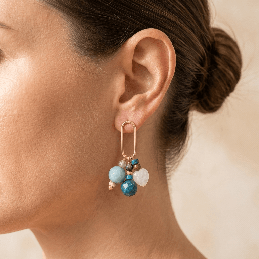 Gemstone Beaded Gold Oval Drop Earrings