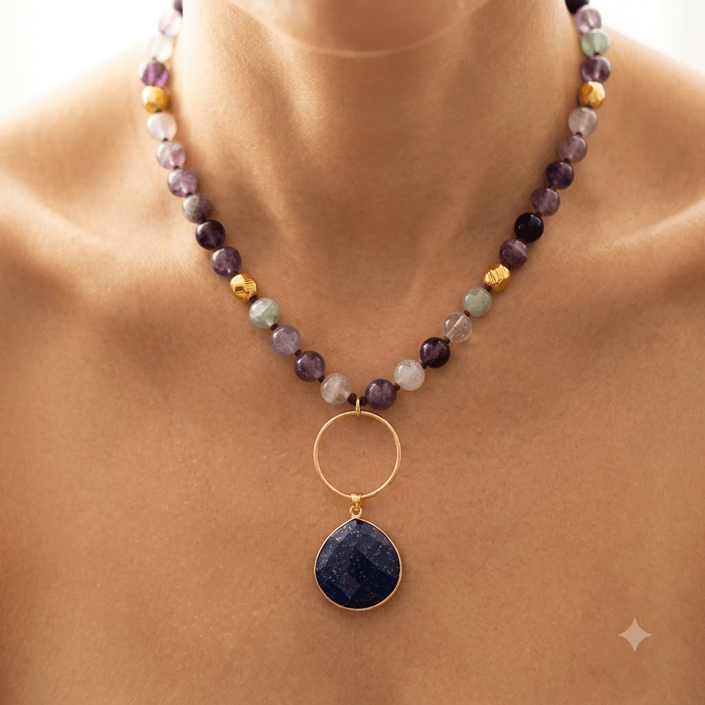 Purple Amethyst Gold Lapis Lazuli Pendant Necklace