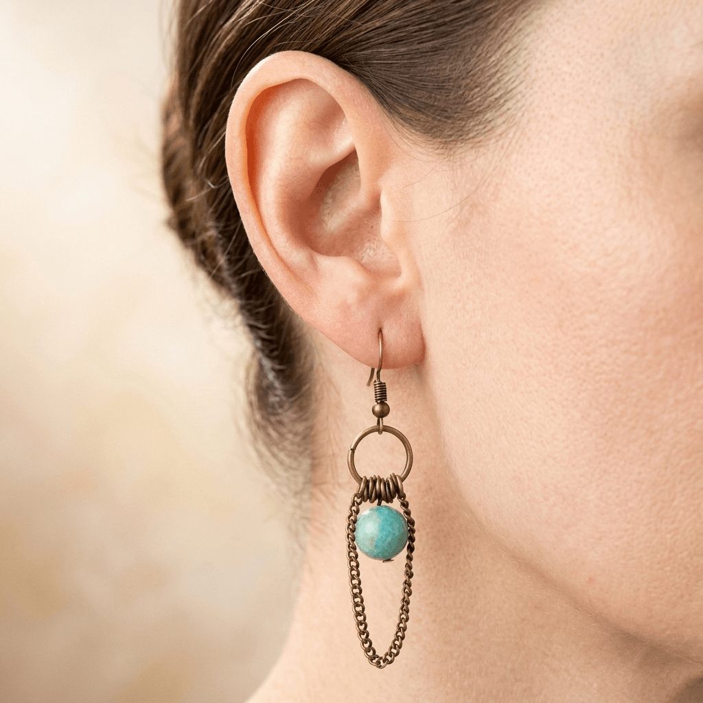 Turquoise Amazonite Bronze Chain Chandelier Earrings