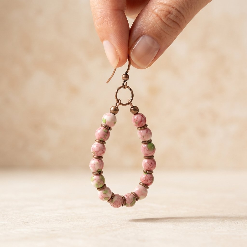 Boho Copper Pink Floral Beaded Dangle Earrings