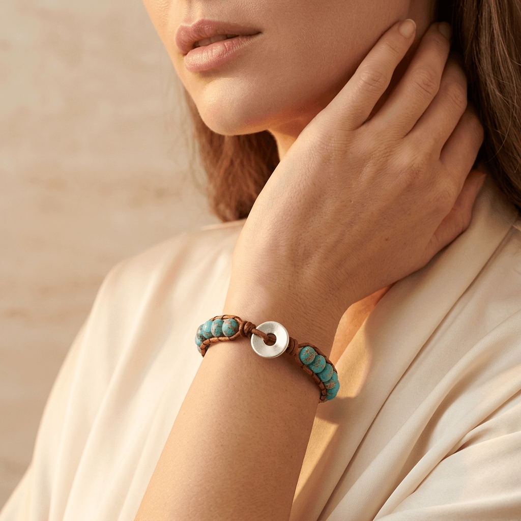 Turquoise Jasper Silver Button Wrap Bracelet