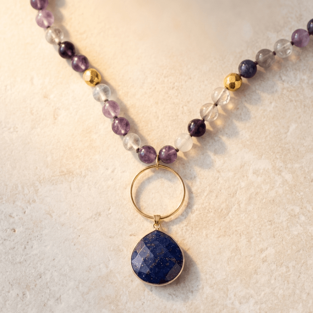 Purple Amethyst Gold Lapis Lazuli Pendant Necklace