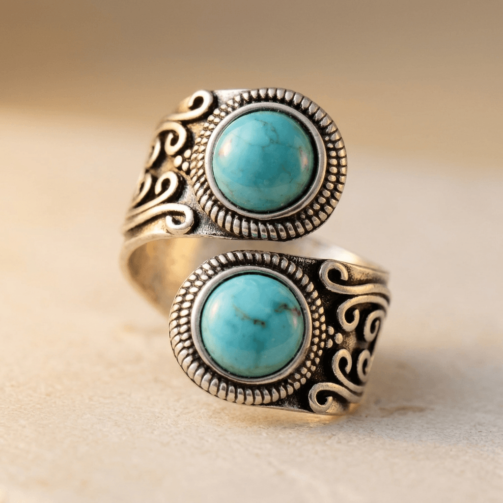 Turquoise Antique Silver Double Stone Ring