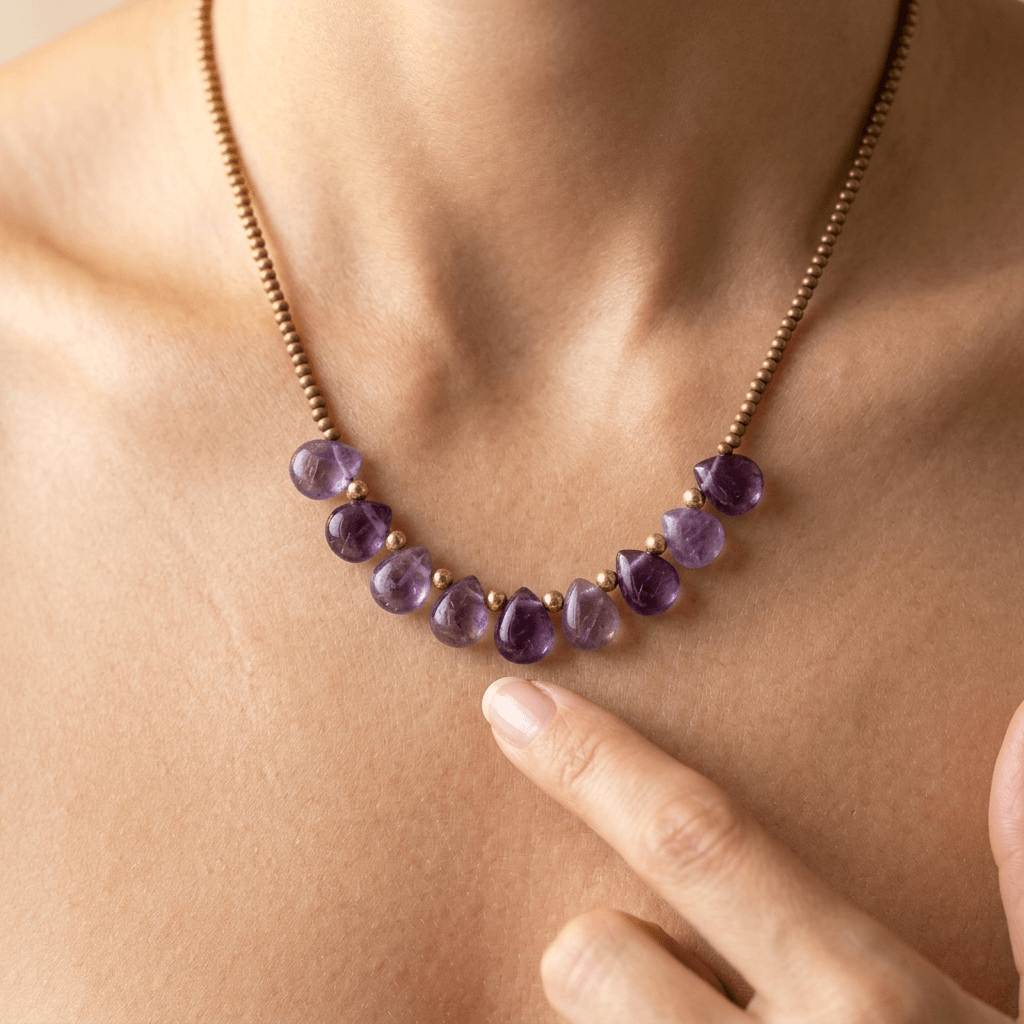 Amethyst Teardrop Brass Bead Necklace