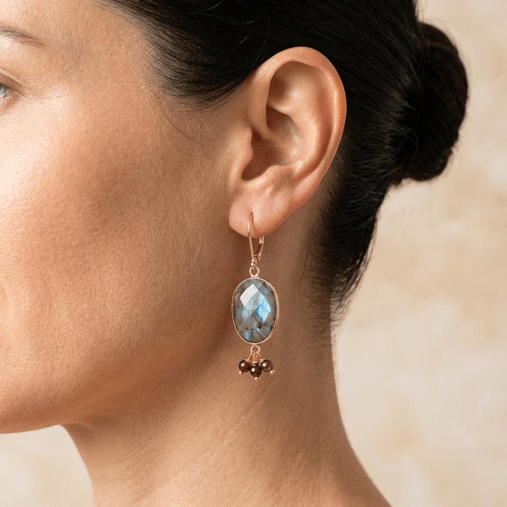 Labradorite Gold Oval Beaded Drop Earrings