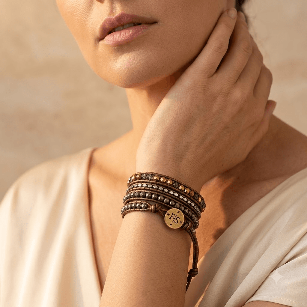 Pyrite Bronze Beaded Wrap Bracelet