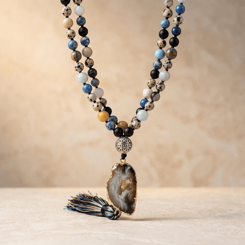 Natural Agate Druzy Mixed Gemstone Tassel Necklace