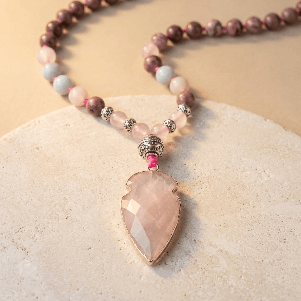 Natural Rose Quartz Arrowhead Beaded Necklace