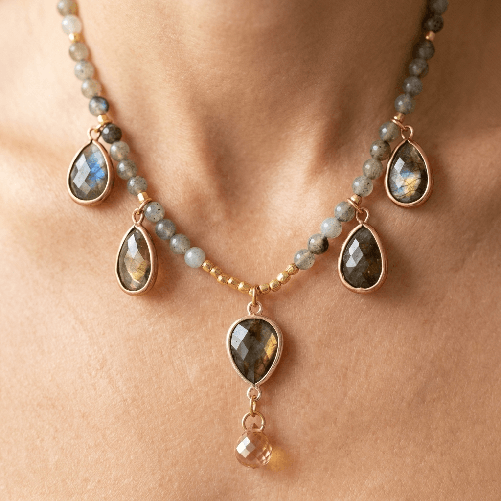 Natural Labradorite Teardrop Beaded Necklace