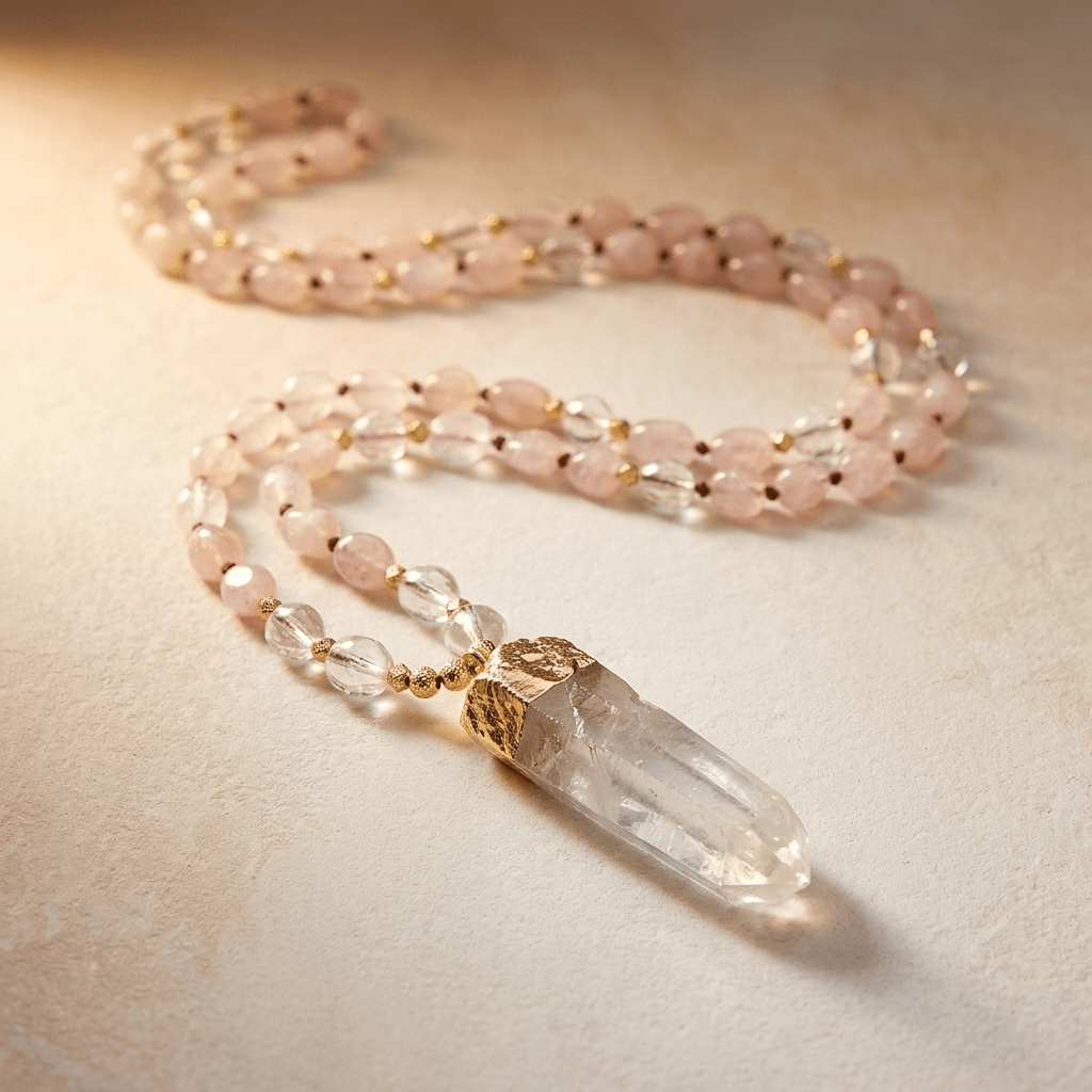 Rose Quartz Clear Quartz Gold Pendant Necklace