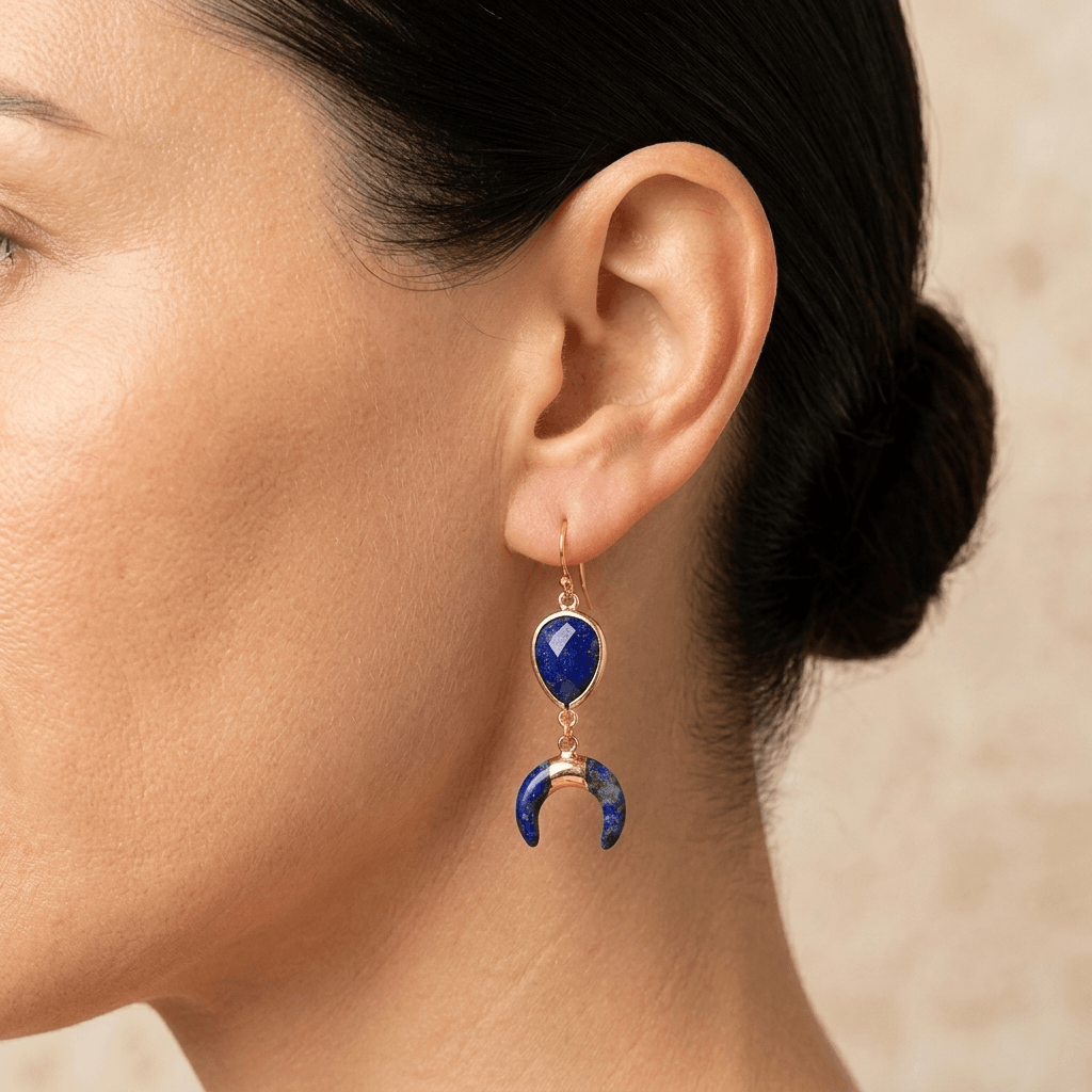 Natural Lapis Lazuli Gold Crescent Horn Earrings