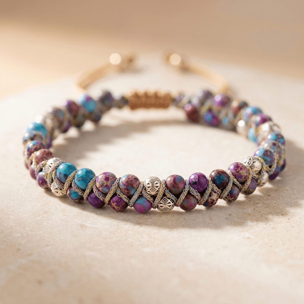 Purple Jasper Silver Beaded Adjustable Bracelet
