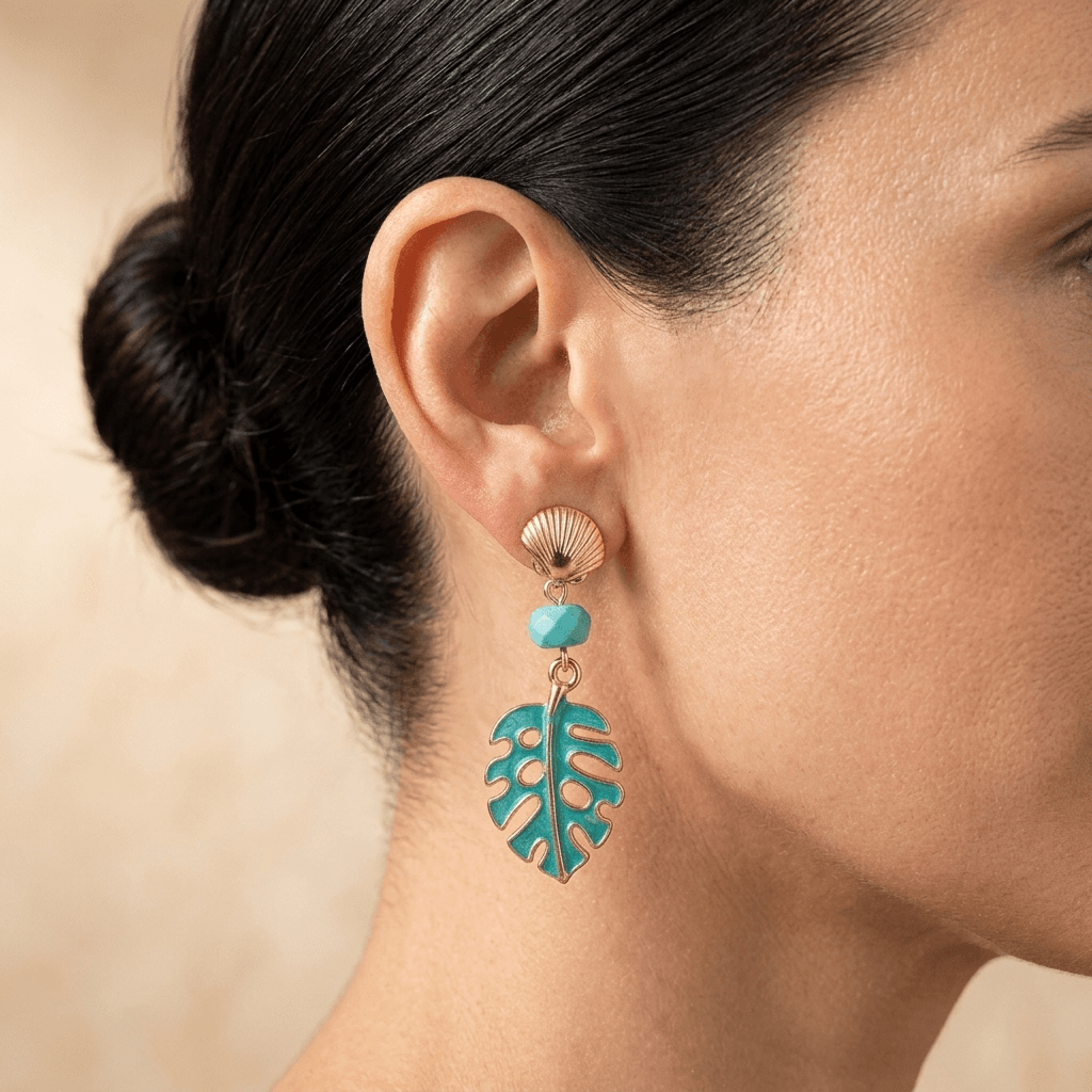 Tropical Gold Turquoise Leaf Drop Earrings
