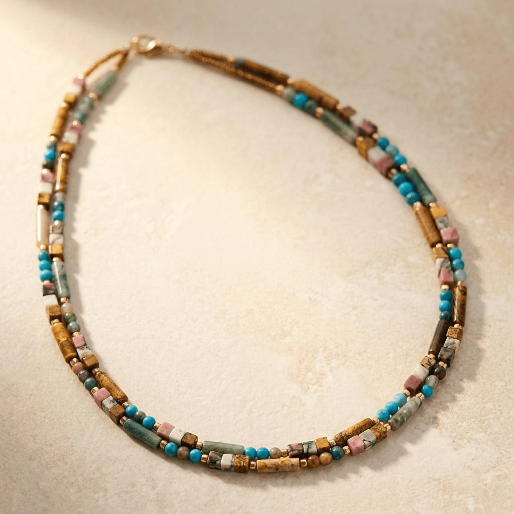 Mixed Gemstone Beaded Gold Layered Necklace