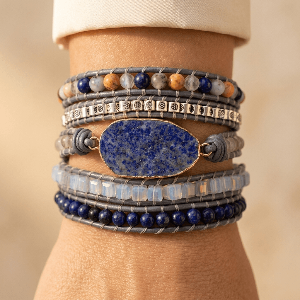 Lapis Lazuli Gold Oval Leather Wrap Bracelet