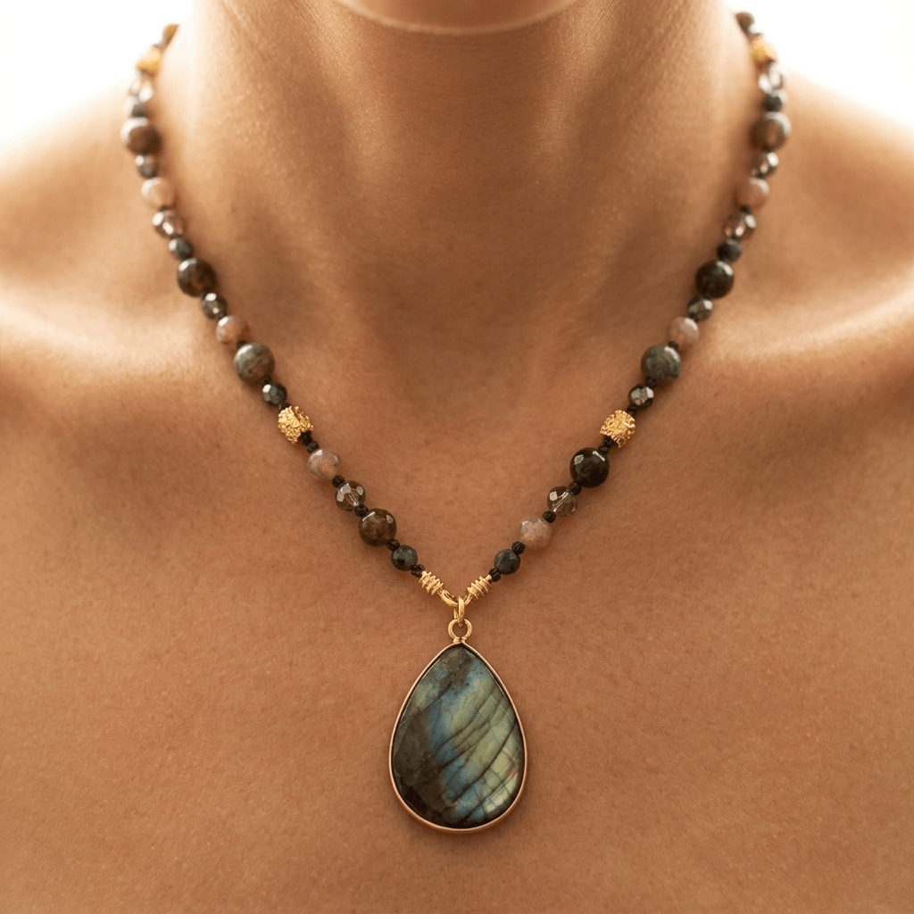 Labradorite Strawberry Quartz Gold Teardrop Necklace