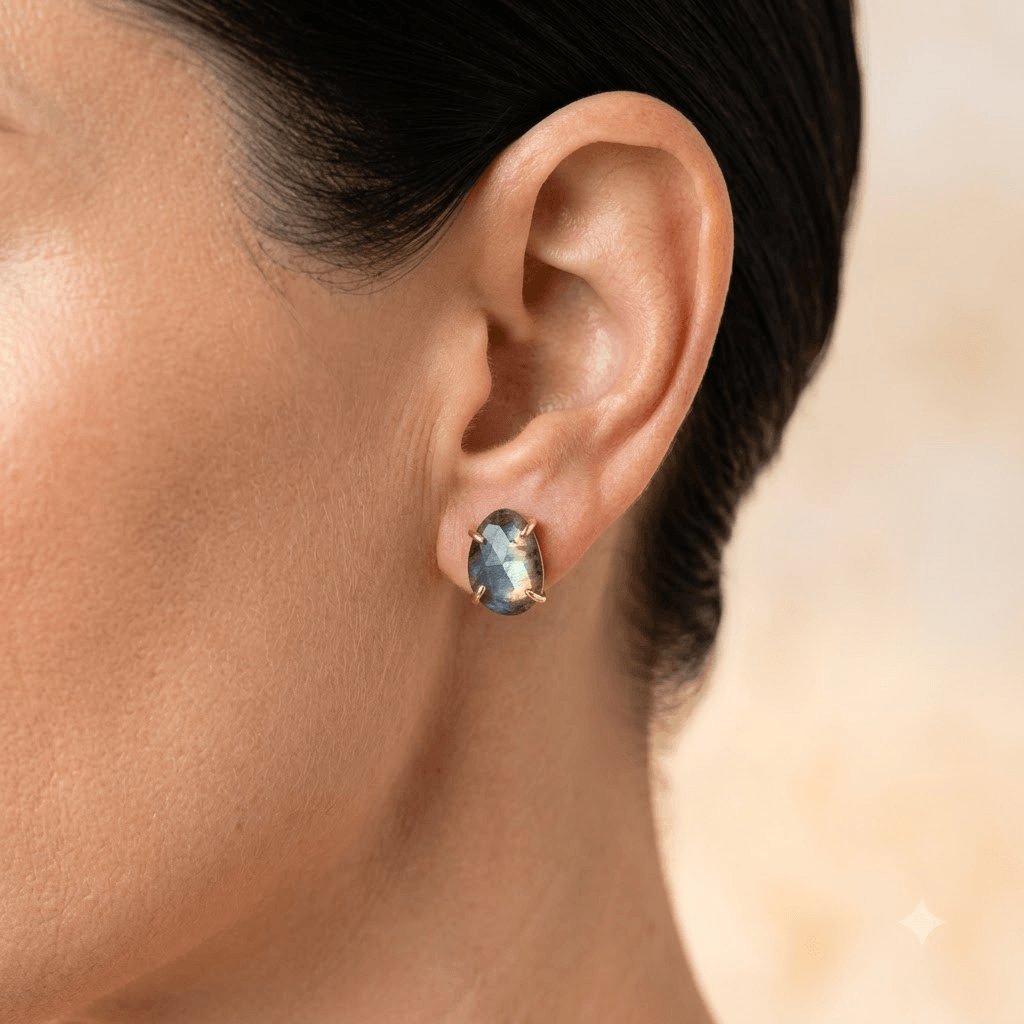 Natural Labradorite Gold Oval Stud Earrings