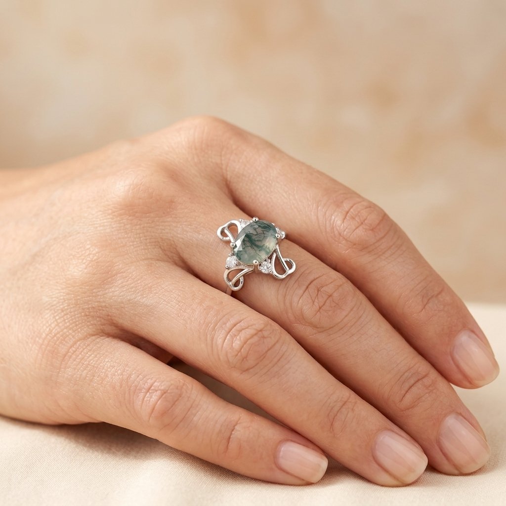 Natural Moss Agate Silver Infinity Ring
