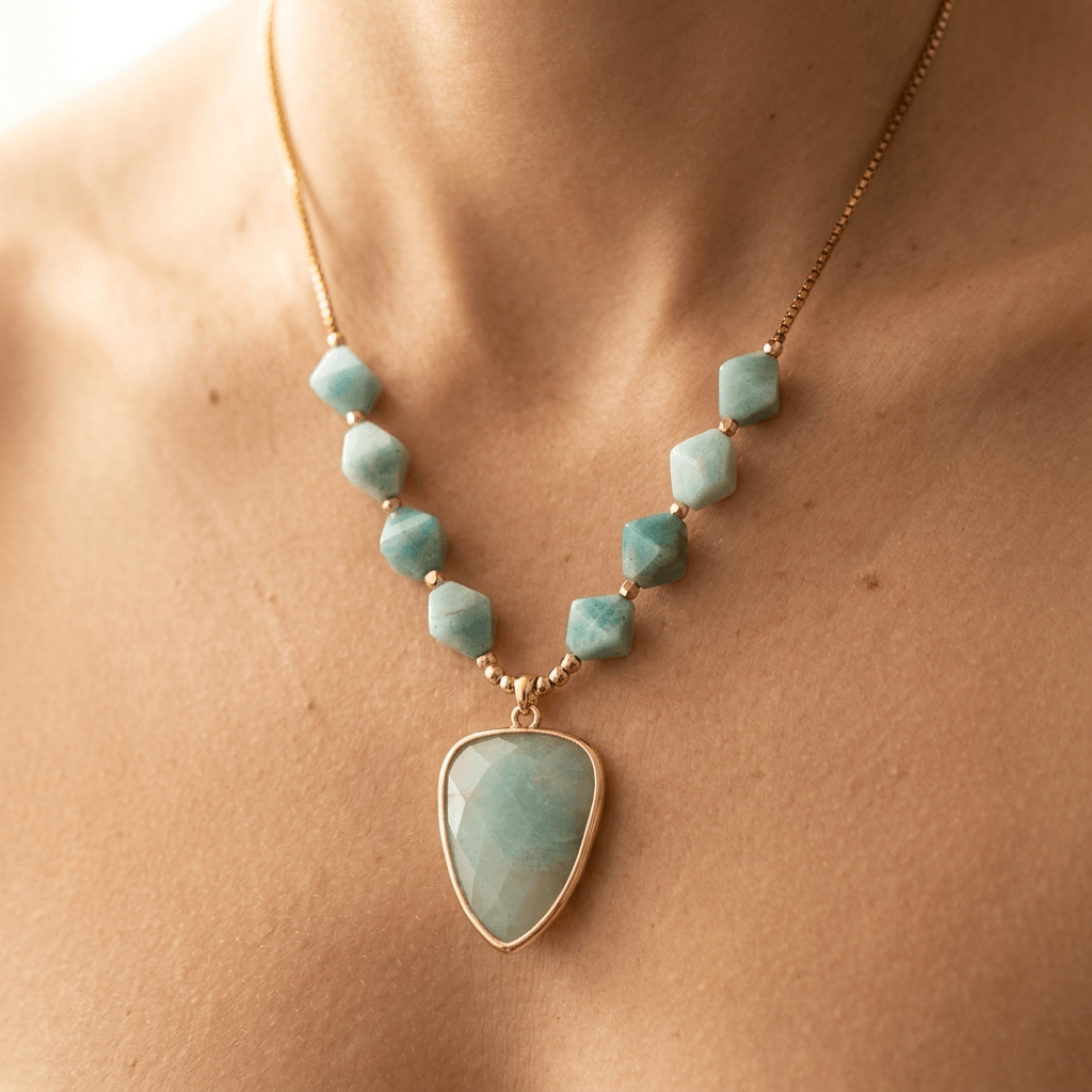 Natural Amazonite Gold Faceted Pendant Necklace