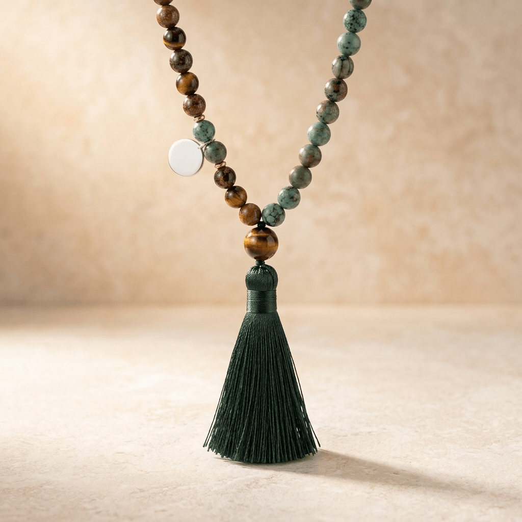 Natural Tiger Eye African Turquoise Mala Necklace
