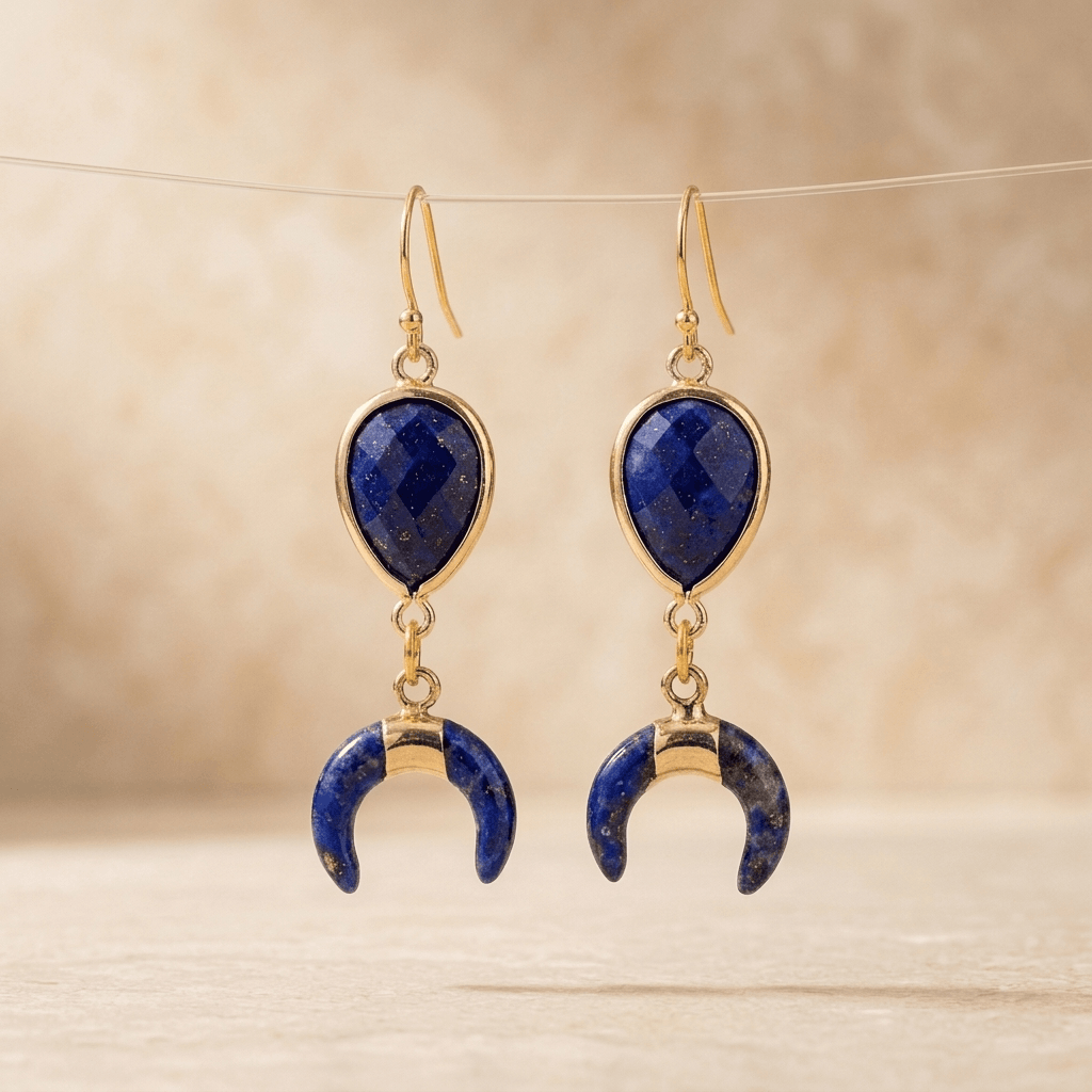 Natural Lapis Lazuli Gold Crescent Horn Earrings