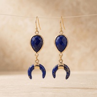 Natural Lapis Lazuli Gold Crescent Horn Earrings