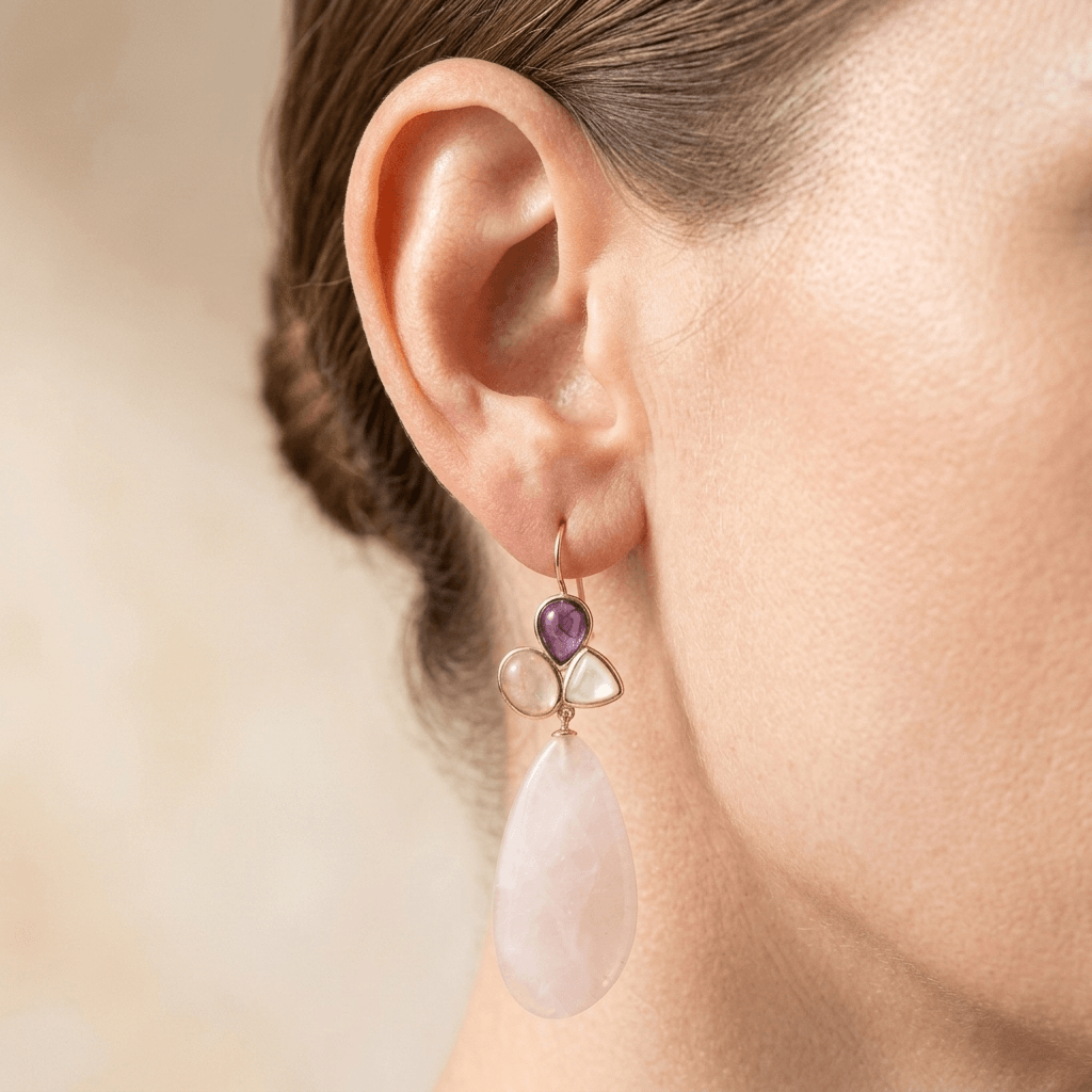Rose Quartz Amethyst Gold Drop Earrings