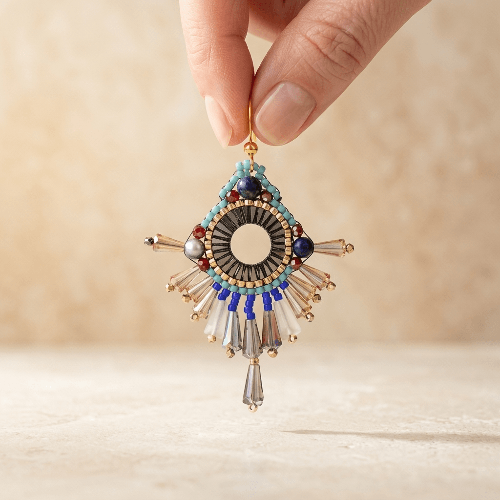 Ethnic Gold Crystal Beaded Dangle Earrings