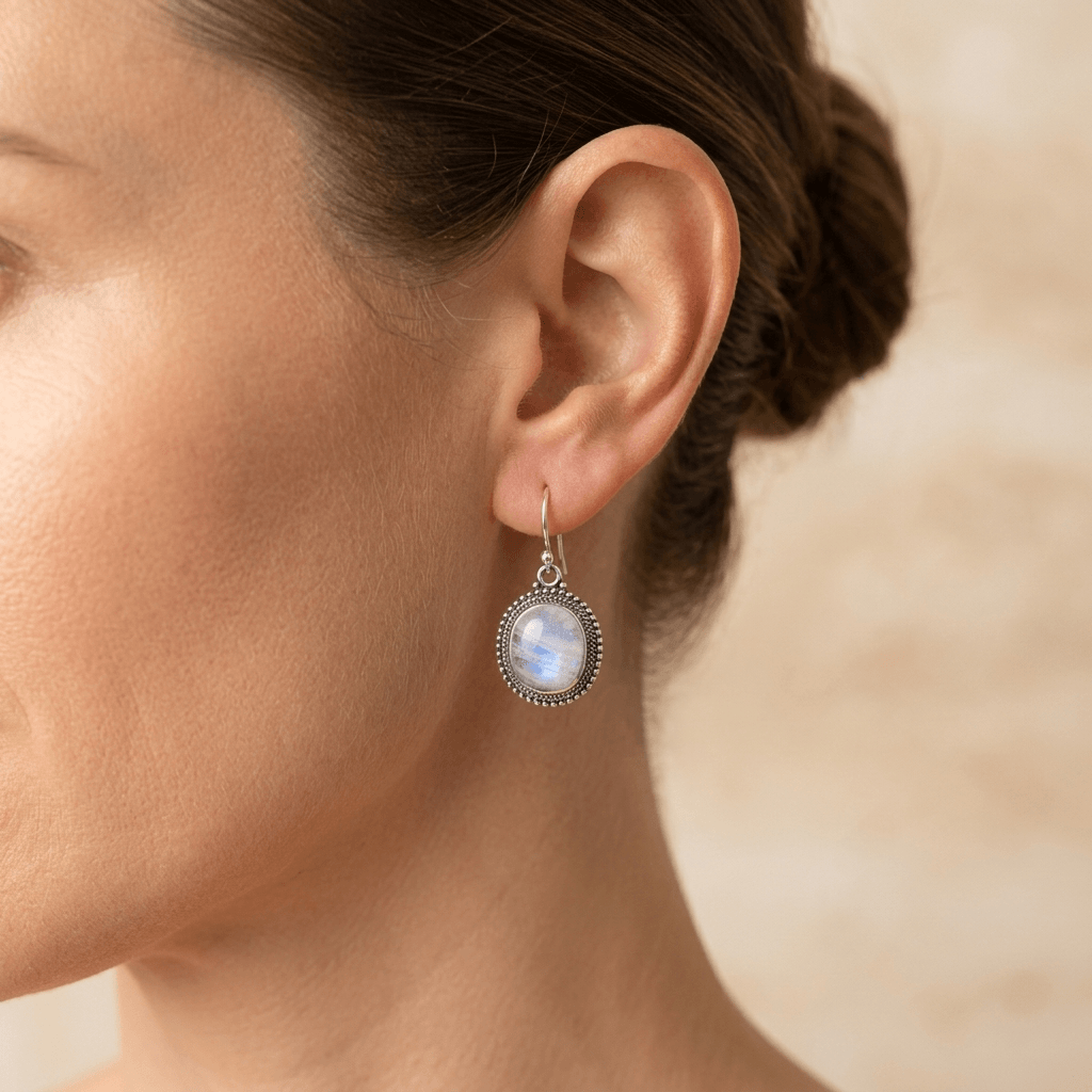 Vintage Sterling Silver Moonstone Oval Earrings