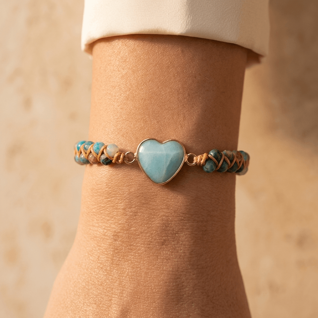 Boho Larimar Heart Gold Beaded Bracelet