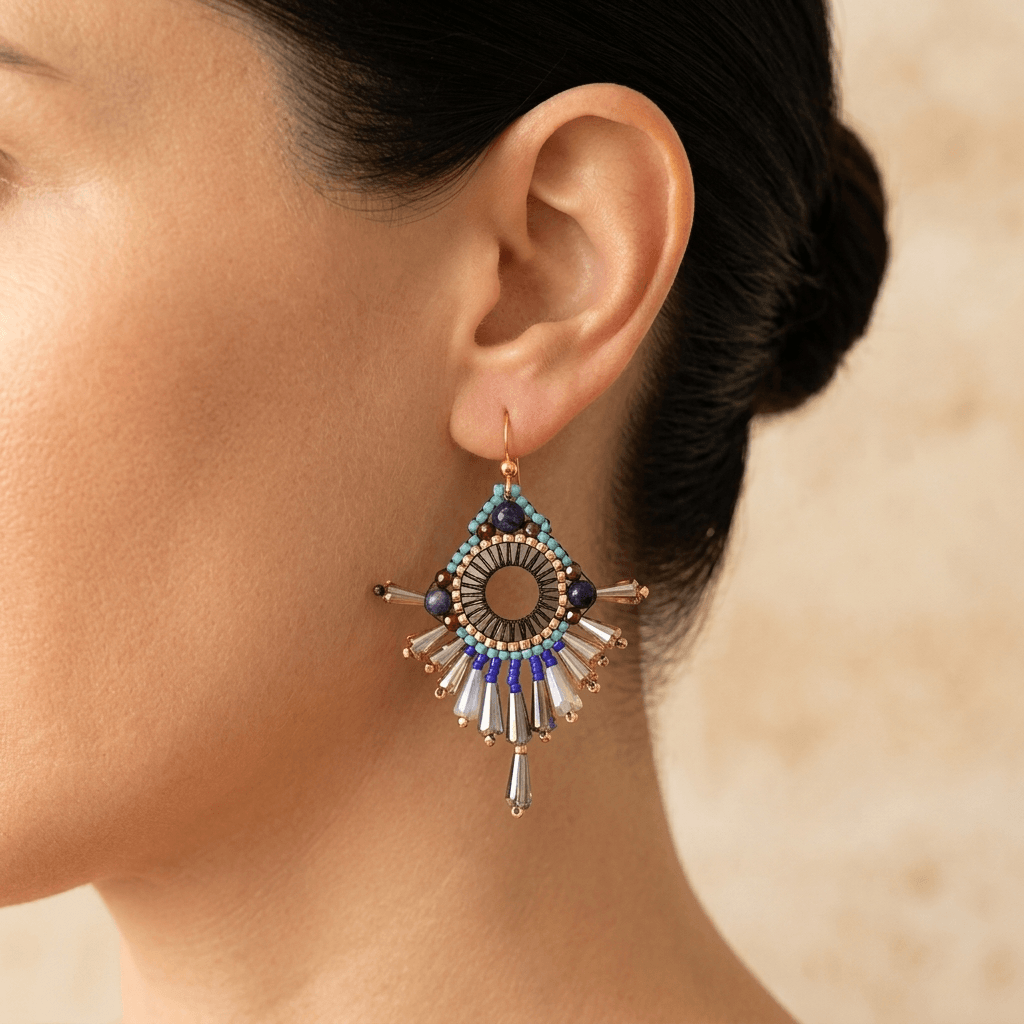 Ethnic Gold Crystal Beaded Dangle Earrings