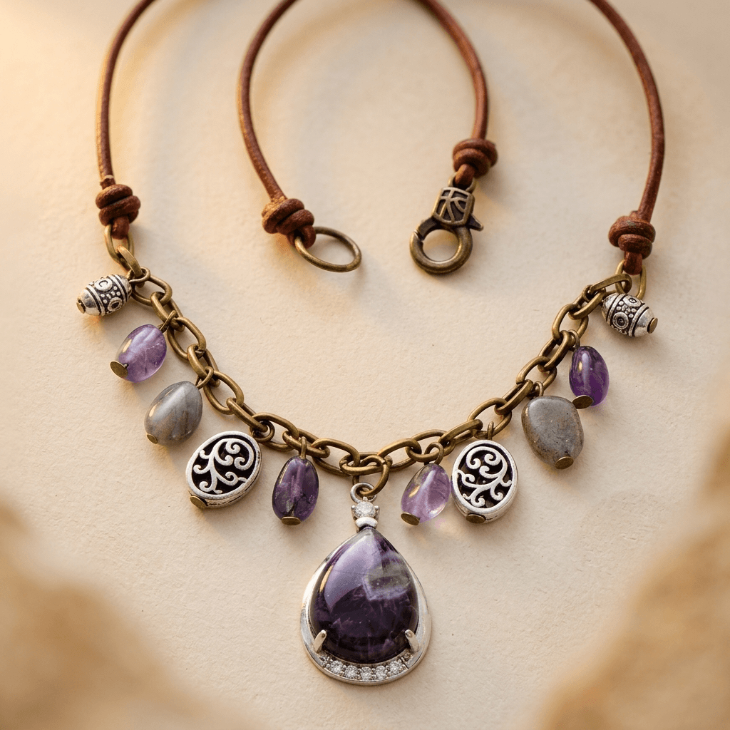 Antique Amethyst Teardrop Silver Chain Necklace