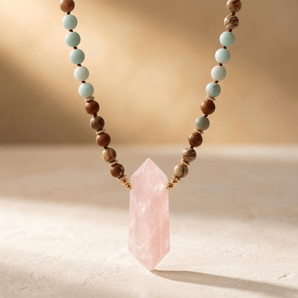 Amazonite Jasper Rose Quartz Point Necklace