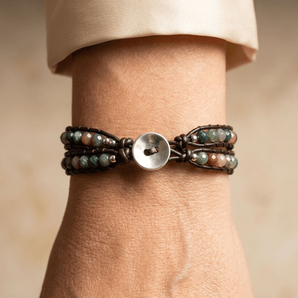 Handmade Indian Agate Leather Wrap Bracelet