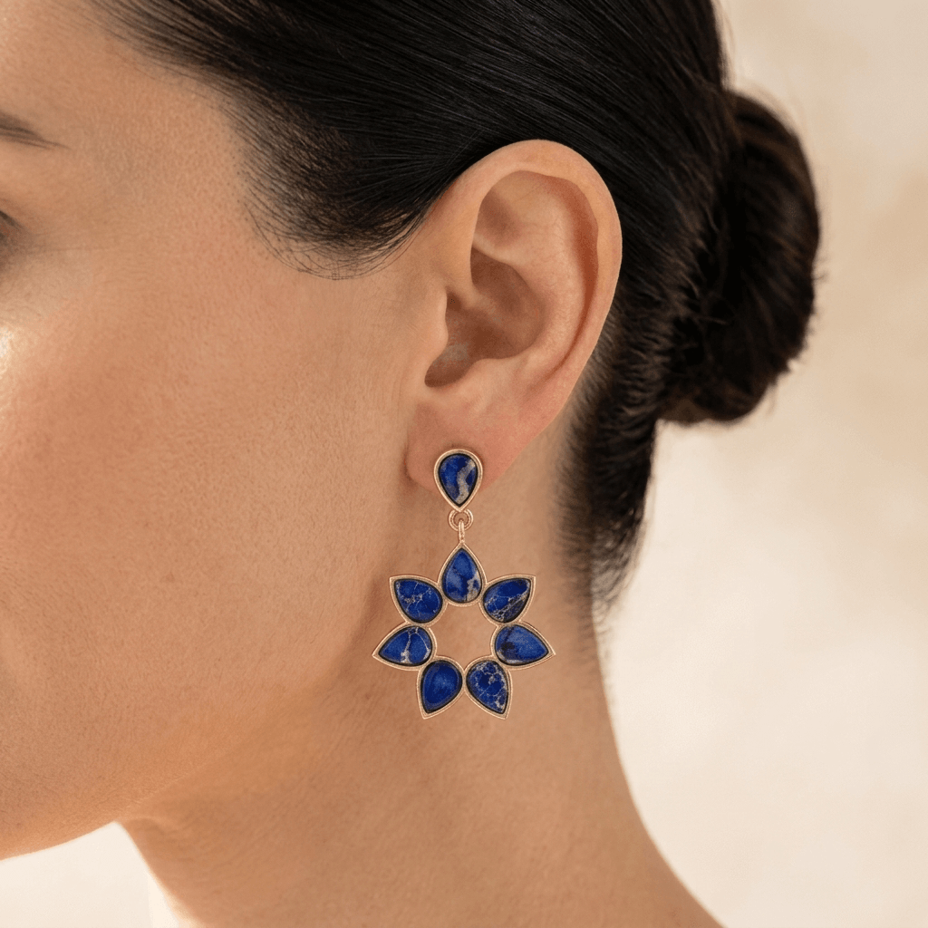 Blue Lapis Gold Flower Drop Earrings