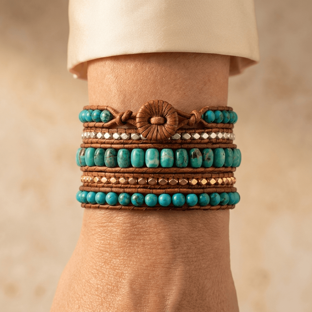 Turquoise Leather Five Layer Wrap Bracelet