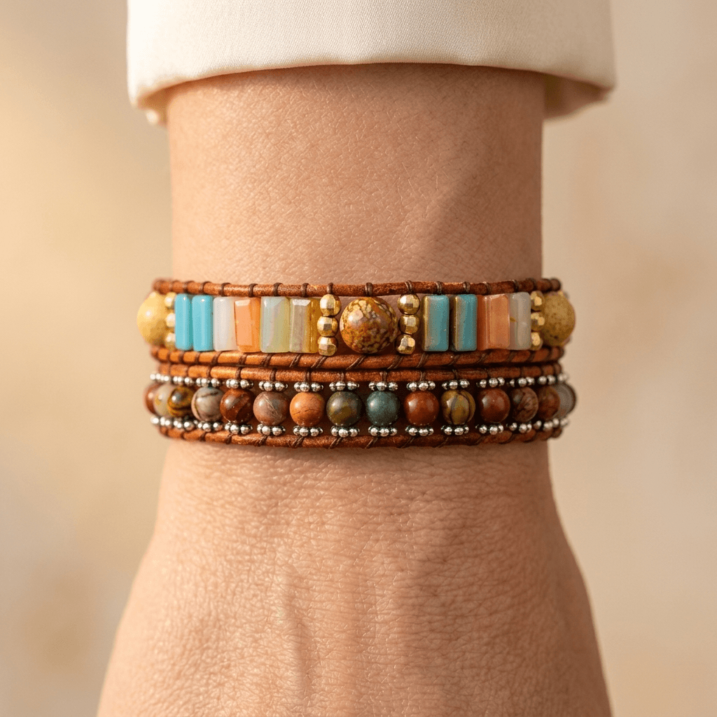 Handmade Jasper Crystal Leather Wrap Bracelet