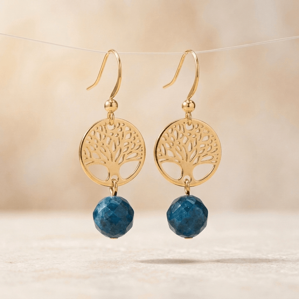 Gold Tree Of Life Blue Apatite Drop Earrings