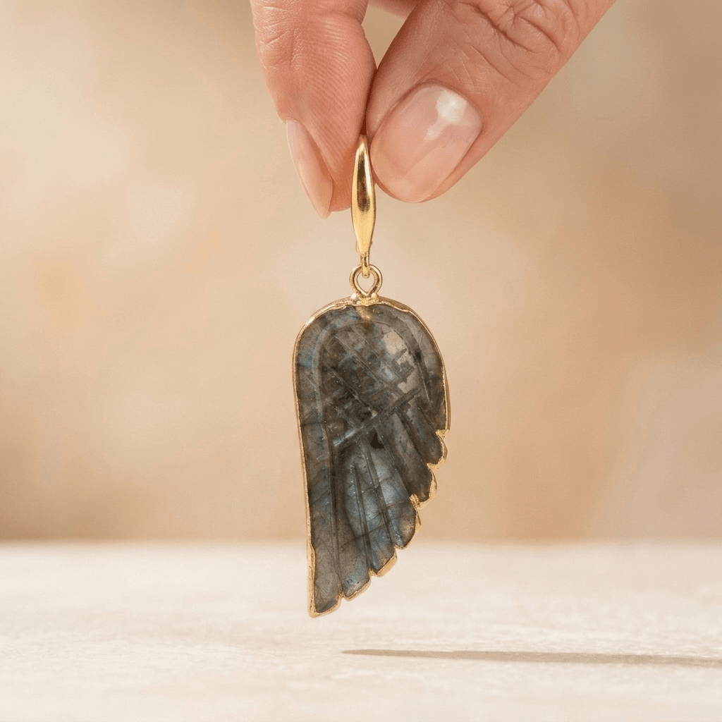 Natural Labradorite Gold Angel Wing Earrings