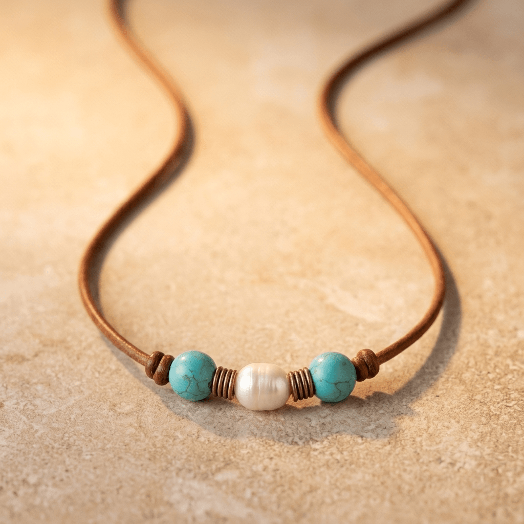 Turquoise Pearl Leather Cord Necklace