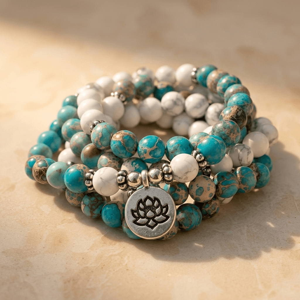 Turquoise Jasper White Howlite Lotus Charm Bracelet