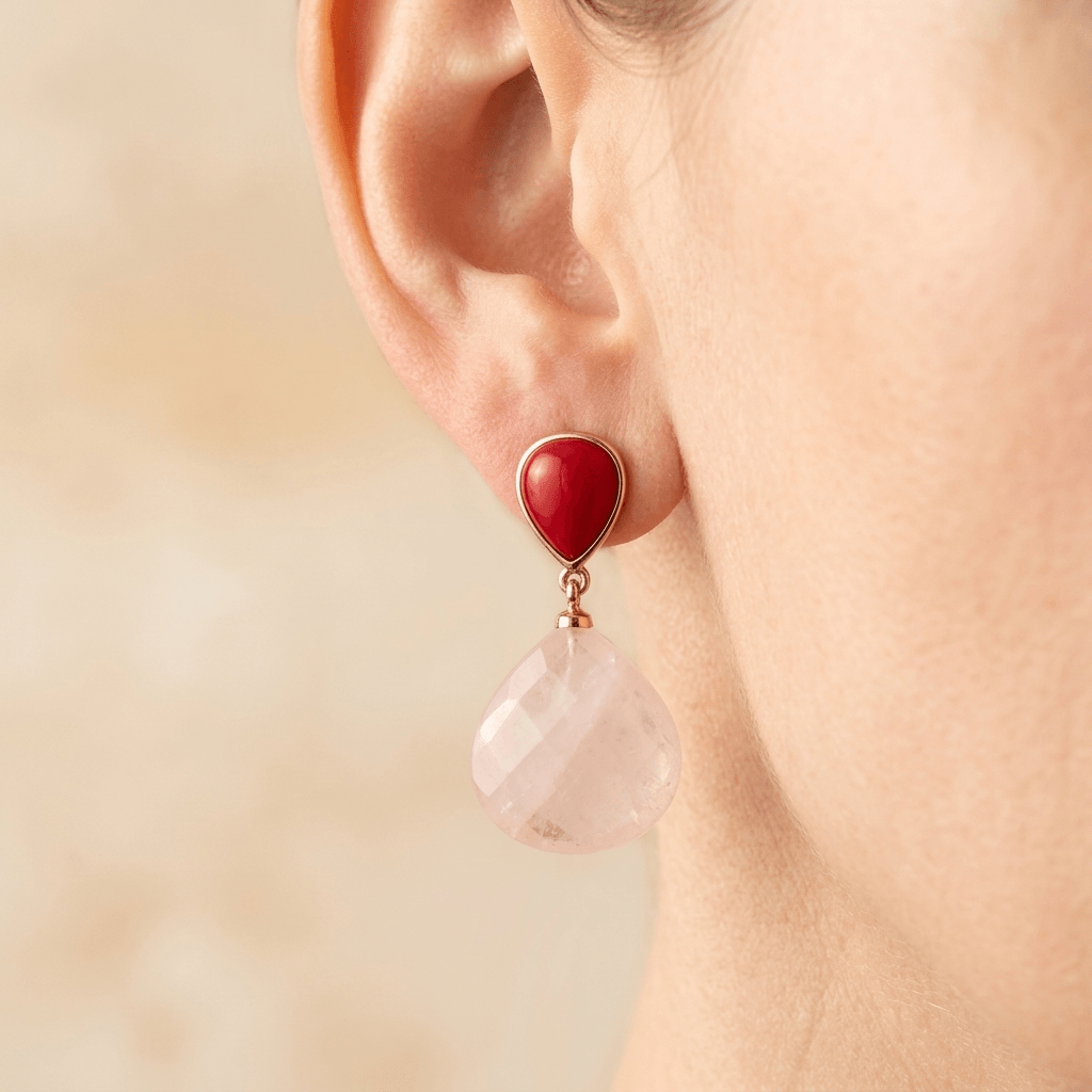 Rose Quartz Red Gemstone Rose Gold Drop Earrings