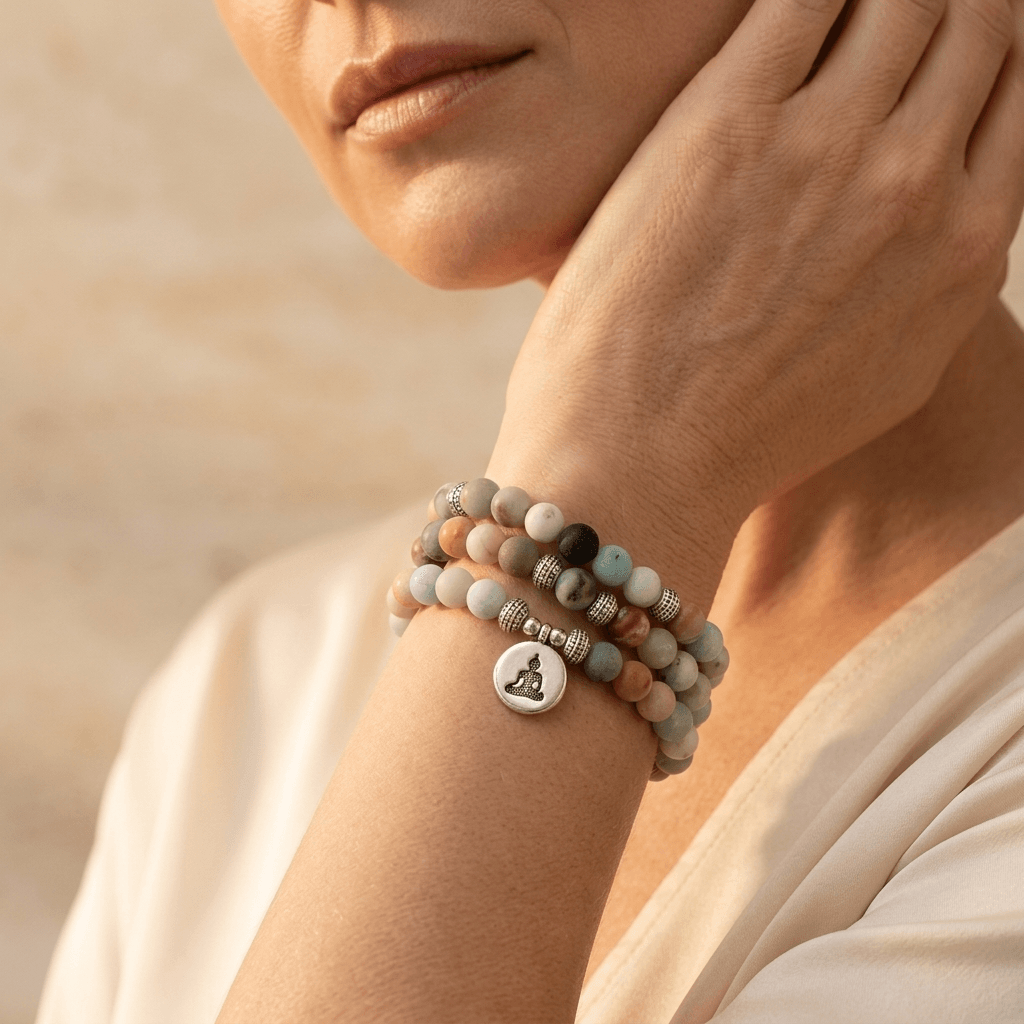 Matte Amazonite Gemstone Beaded Buddha Bracelet