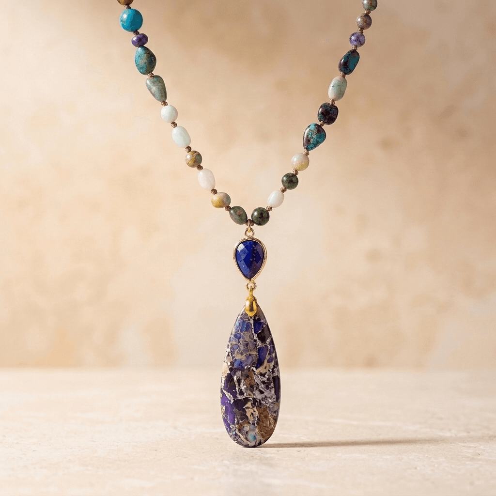 Multistone Gold Beaded Teardrop Pendant Necklace